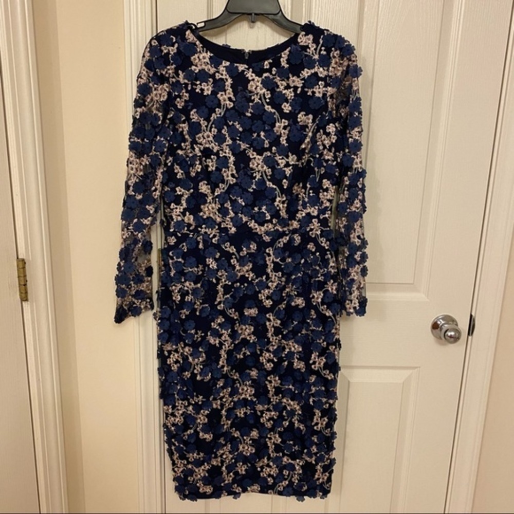 XSCAPE 3D-Floral Lace Midi Dress in Navy/Blush - Picture 3 of 11